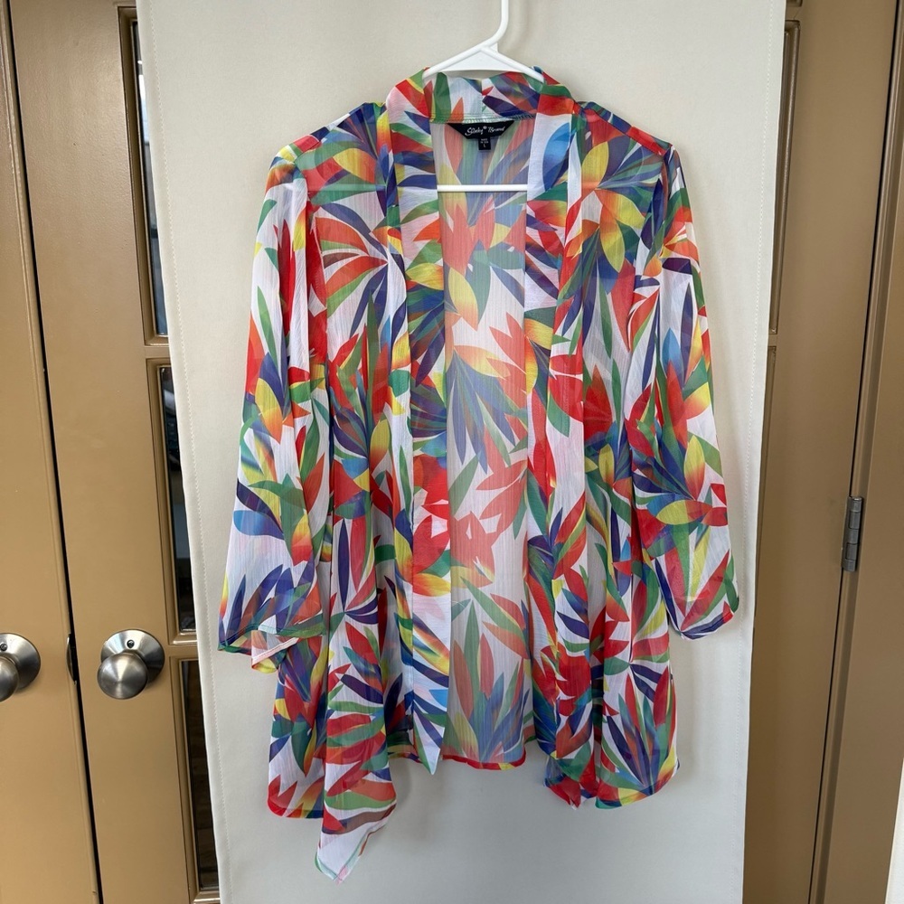 Slinky Brand Women's Large Colorful Sheer 3/4 Sleeve Cardigan